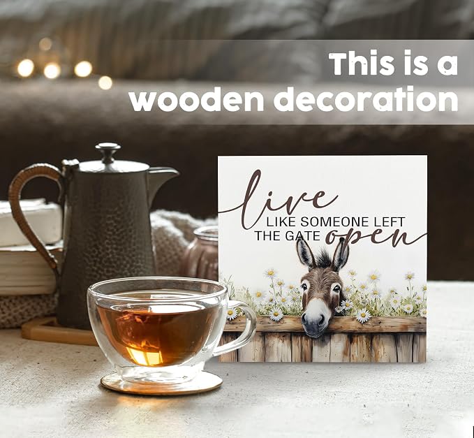 Donkey Signs - Farm Cottagecore Animal Office Kitchen Bedroom Decor,Rustic Farmhouse Live like Someone Left the Gate Open Home Decor Wooden Signs,Donkey Gifts for Women,8x8