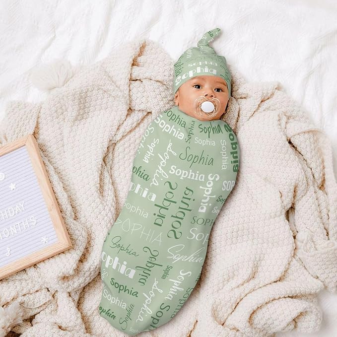 Newborn Swaddle Blankets Hat Name Lettering Green Sets Soft Baby Receiving Blanket Swaddle Sack for Baby Shower Infant Boy Girl Gift