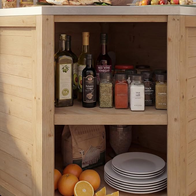 MOUMON Corner Patio Kitchen Storage Cabinet with Stainless Steel Countertop, Solid Cedar Patio Prep Table for Grilling, Outdoor Cooking Station, Oak 35.4”W x 35.4”D x 37.4”H