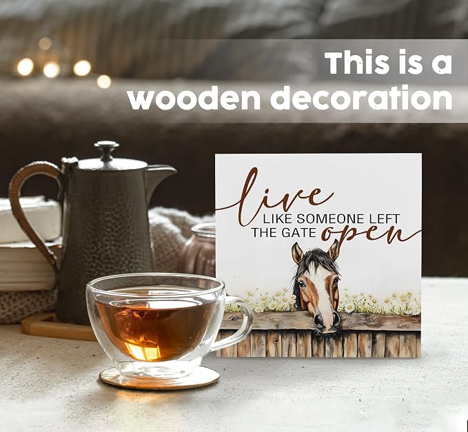 Horse Signs - Farm Cottagecore Animal Office Kitchen Bedroom Decor,Rustic Farmhouse Live like Someone Left the Gate Open Home Decor Wooden Signs,Horse Gifts for Women,8x8