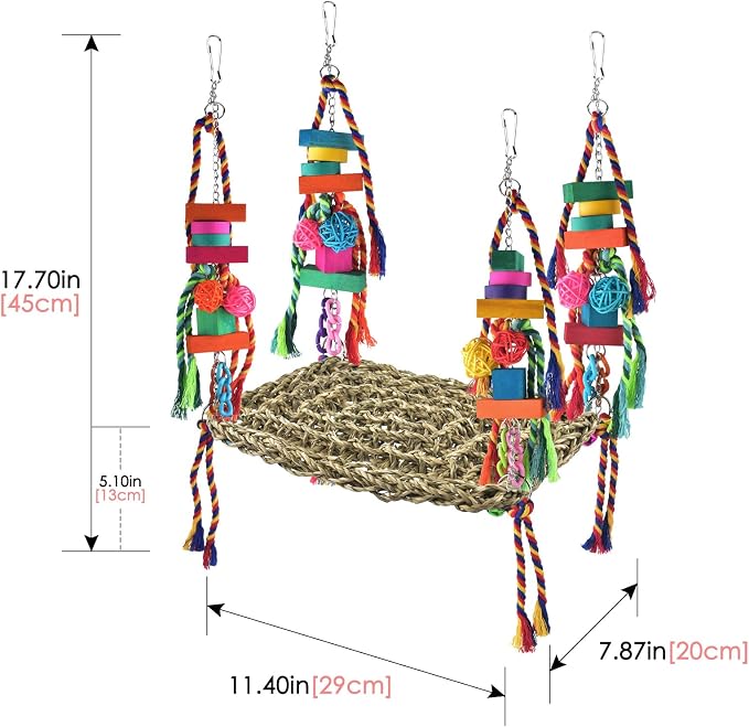 KATUMO Bird Toys, Bird Foraging Wall Toy Large Size Seagrass Woven Climbing Hammock Swing Mat with Colorful Chewing Toys for Lovebird, Parakeet, Budgie, Conure, Cockatiel, Small Birds | Hand-Woven Seagrass Toy with Chew Accessories, Supports Climbing, ...