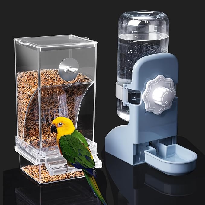 Lemtrflo No Mess Bird Feeder Water Dispenser Set, Automatic Bird Feeder | Parrot, Parakeet Cage Accessories