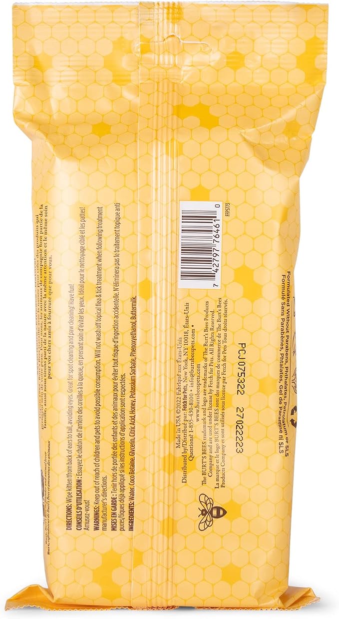 Burts Bees for Pets Kitten Grooming Wipes with Buttermilk, 50 Count | Waterless bath wipes clean face, paws, tail, and coat, gentle alternative to bathing for indoor cats