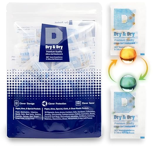 Dry & Dry Premium Orange Indicating Silica Gel Packets Desiccants - Food Safe Silica Gel Packets - Orange - 120 Packets (2 Gram)