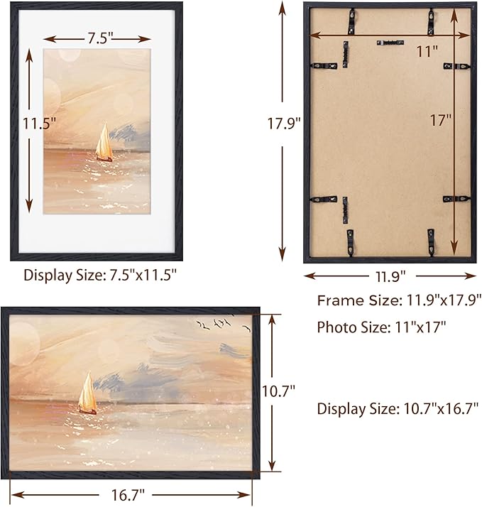 11x17 Oak Wood Picture Frame in Black, 11"x17" Poster Frame for Wall, Wood Photo Frame 11 x 17 with Tempered Real Glass, 11x17 Frame Matted to 8x12 - Black Color, 1 Pack