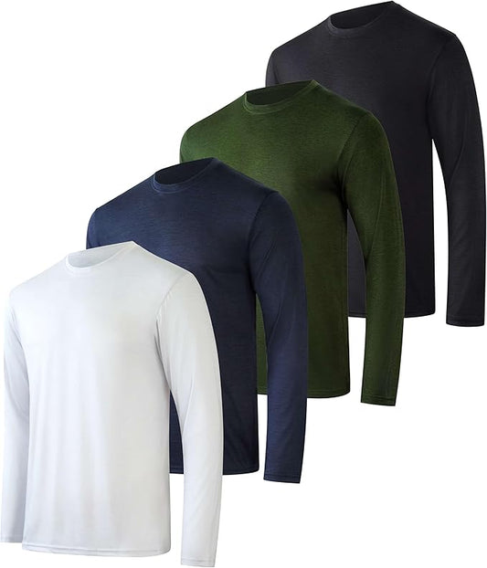 Real Essentials 4 Pack: Mens Long Sleeve Dry Fit T Shirts Hiking Fishing Workout Gym Work Sun UPF 50 Wicking Running Tee