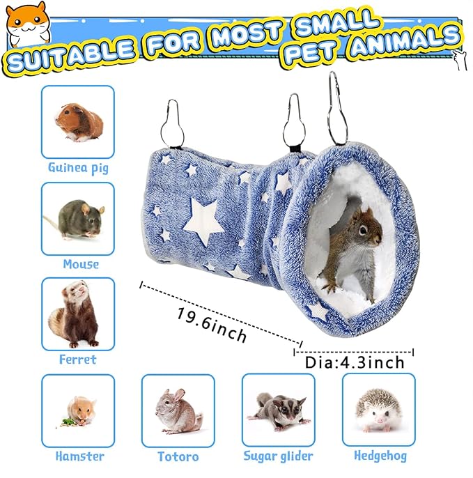 Noctilucent Luminous Guinea Pig Rat Hammock Bunkbed Hanging Tunnel and Soft Bed Mat for Ferret Hedgehog Chinchilla Squirrel Hamster Mice Sugar Glider Hideout Cage Accessories (1. Tunnel Hammock)