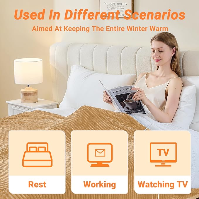 Heated Blanket Electric King, Soft Flannel Heating Blanket with 8 Hours Auto Off 10 Fast Heating Levels Machine Washable Sherpa Heated Blanket with Overheating Protection