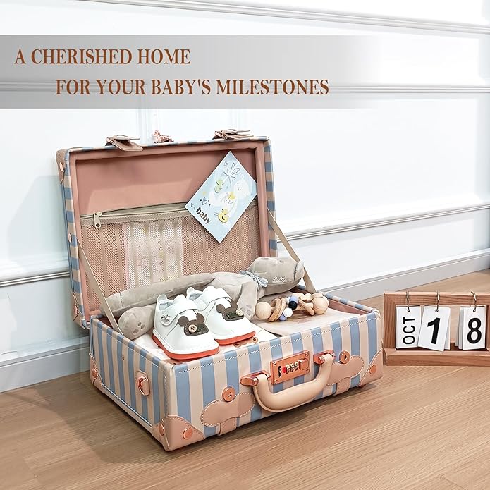 Unitravel Baby Keepsake Case, Handmade Memory Storage Box, Newborn Keepsake Box, Vintage Suitcase for Baby Shower, Baptism, Naming Ceremony or Birthday