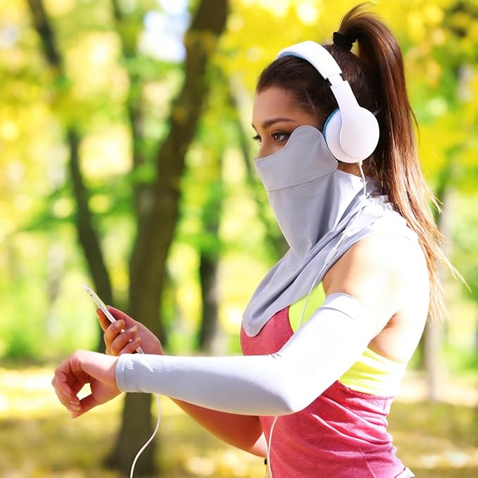 JATEBI UV Sun Protection Face with Neck Coverage UPF 50+ Face Shield Breathable + Protection Arm Sleeves for Golf, Hiking, Running, Cycling & Outdoor Sports