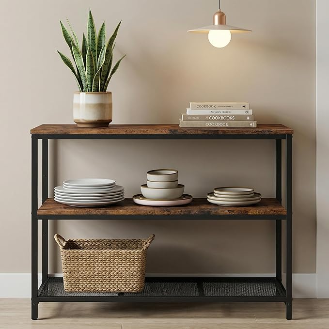 Homleke 39.4" L Kitchen Island with 3 Shelves, Kitchen Shelf with Large Workstation, Bakers Rack, Workbench, Metal Frame, Rustic Brown and Black