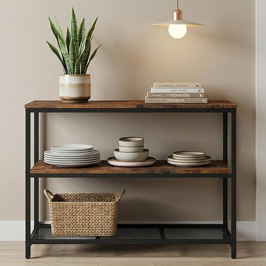 Homleke 39.4" L Kitchen Island with 3 Shelves, Kitchen Shelf with Large Workstation, Bakers Rack, Workbench, Metal Frame, Rustic Brown and Black