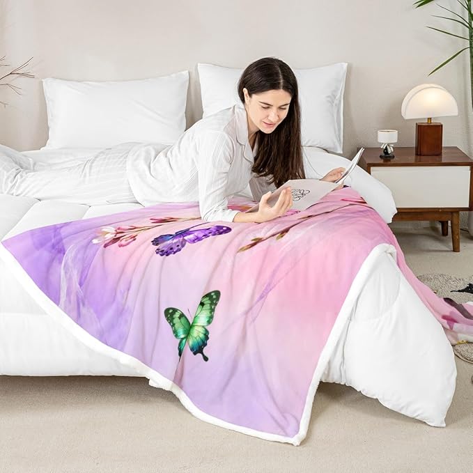 Feelyou Girls Butterfly Fleece Throw Blanket Twin 60"x80" Kids Chic Gorgeous Sherpa Blanket Plush Fuzzy for Bed Couch Chair Living Room, Floral Flower Bed Blanket Room Decor
