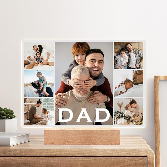 Custom Picture Frames with Photos, Custom Dad Photo Frame with Night Light, Customized Dad Birthday Gifts, Personalized Father's Day Gifts for Dad from Daughter Son Wife