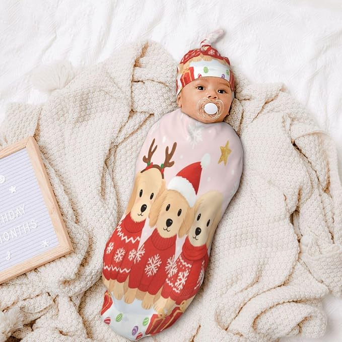 Christmas Baby Swaddle Blanket and Hat Set for Newborn Boys Girls Soft Infant Wrap Sleep Merry Christmas Dog