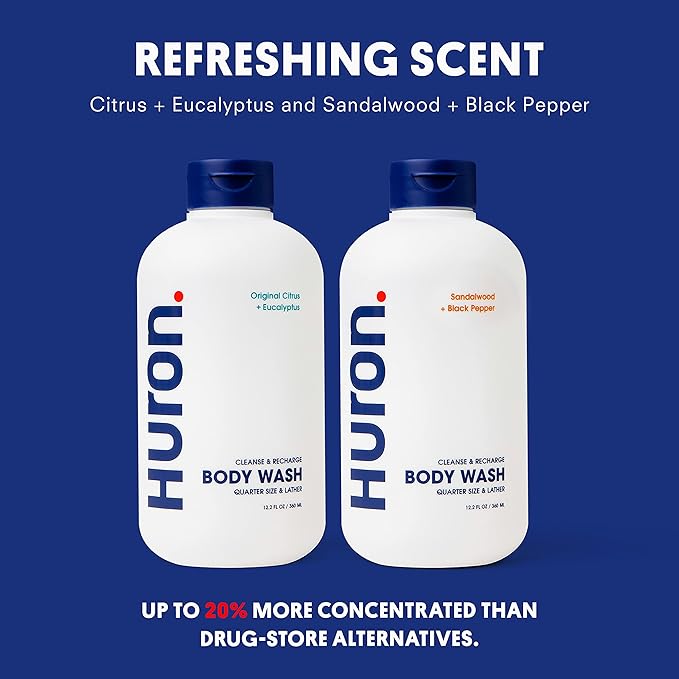 Huron Men’s Moisturizing Body Wash - Clean & Woody Scent of Sandalwood, Black Pepper, Cedarwood, & Amber - Made With Coconut Oil, Vitamin E & Witch Hazel - Vegan, Cruelty-Free - 12.2 fl oz (2 Pack)
