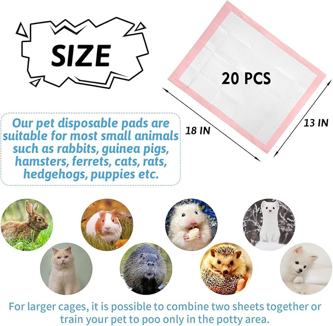 Tfwadmx Rabbit Pee Pads 20 Pcs 18"× 13" Disposable Cage Liners Leak-Proof Super Absorbent Potty Training Pad for Puppy Guinea Pigs Hedgehog Hamsters Chinchillas Cats and Other Small Animals