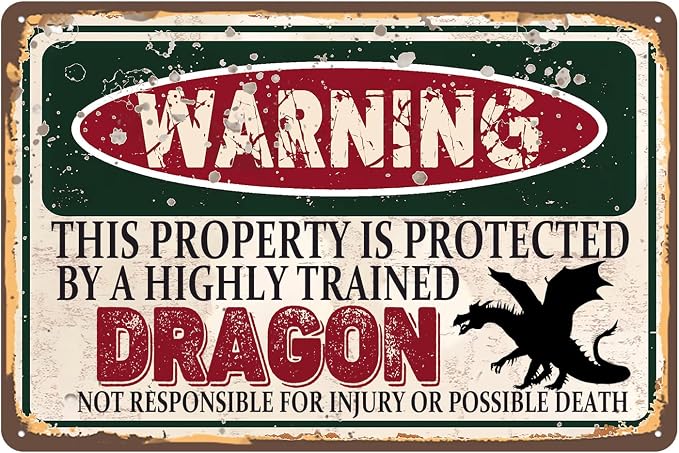 Vintage Dragon Metal Sign Wall decor | Warning this property is protected bY a highly trained Dragon Sign Funny Tin Signs 12x8 Inch