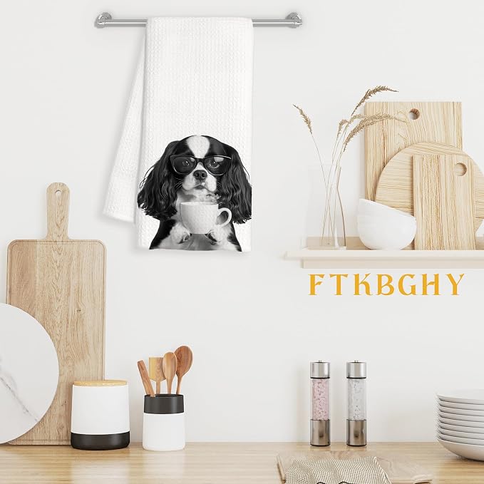 Funny Cavalier King Charles Spaniel Decor Coffee Kitchen Towels Gift, Dog Gifts, Coffee Gifts for Women, Dog Lover Gift Decorative Dish Hand Tea Towels for Kitchen Home Bar Decor, 16x24 Inch