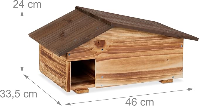 Relaxdays House, Wood, Hotel with Floor, 2 Chambers, Winter Quarters for Hedgehogs, Garden, HBT: 24 x 46 x 33.5 cm, Brown, 95% 5% Iron, 24x46x33,5 cm