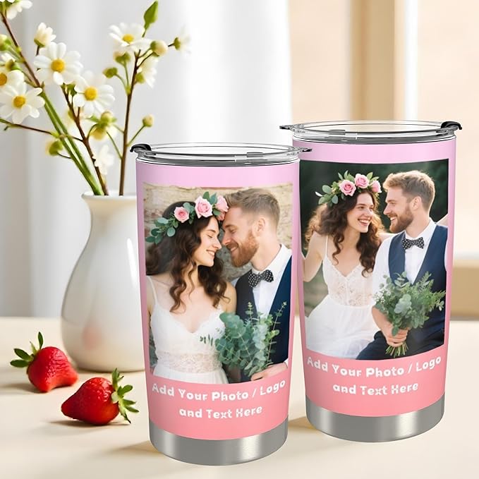 Personalized Coffee Tumbler with Pictures Text Logo Name, Custom Stainless Steel Tumbler with Lid and Straw, Customized Coffee Travel Mug Cups, 20oz Water Cups Birthday Gifts for Women Men Office Car