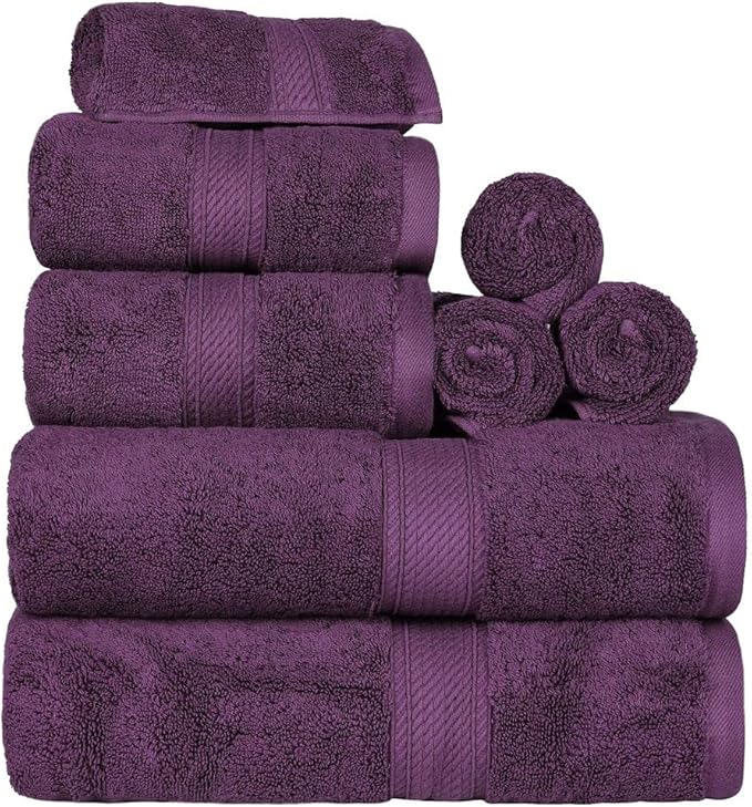 BLUENILEMILLS Madison Egyptian Cotton Towels, Towel Set for Bathroom, Shower, Hotel, Plush, 900 GSM, Highly Absorbent and Ultra-Soft Towels, Bath Essentials, 8 Piece Assorted Towel Set, Plum