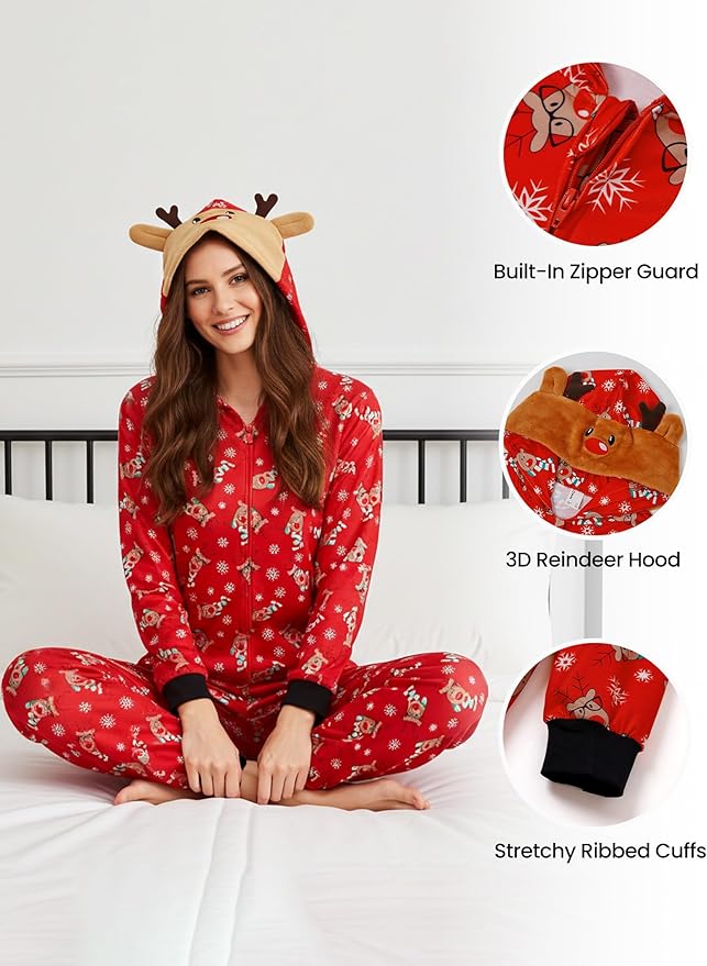 PATPAT Matching Family Christmas Onesie Pajamas – Holiday Hooded Jumpsuit Sleepwear PJs Couples Xmas Loungewear with Socks