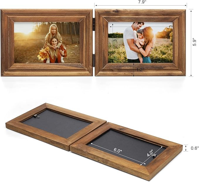 Horizontal 4X6 Picture Frames Double Hinged Wood Folding Photo Frames with Real Glass Front Fit for Desktop or Tabletop, Wood Grain XZON-H64X2