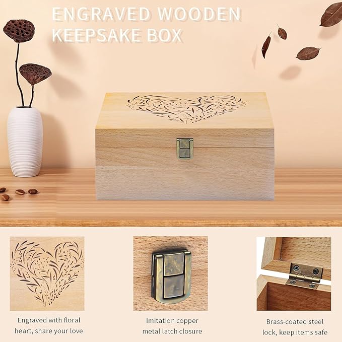 EXISTING Wooden Memory Keepsake Box, Floral Heart Engraved Large Keepsake Boxes with Lids, Memory Box Keepsakes Gift for Anniversary, Wedding, Memory, Birthday, Valentines Day, for Office or Home