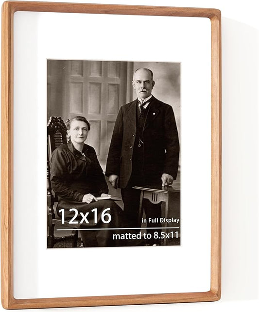 12x16 Picture Frame USA-Sourced Natural Cherry Wood Solid Original Wood Photo Frame Rounded Corner with Mat to 8.5x11 Picture Display with Real Glass Family, Wedding Picture, Photo, Certificate