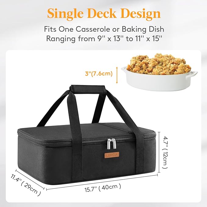 LUNCIA Insulated Single Decker Casserole Carrier, Lasagna Lugger Tote Keeps Food Hot or Cold, Thermal Lunch Bag for Potluck Parties, Picnic and Cookouts, Fits 9" x 13" Baking Dish, Black