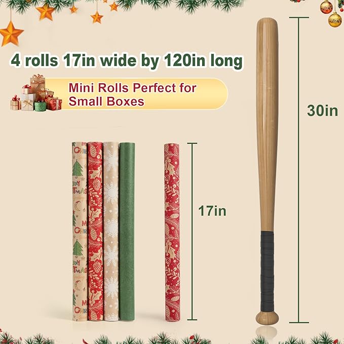YANGTE Vintage Christmas Wrapping Paper Rolls, Brown Kraft Wrapping Paper Christmas Rolls with Red, Green and White Pattern, 4 Rolls Holiday Gift Wrapping Paper Rolls, 17in x 120in per Roll