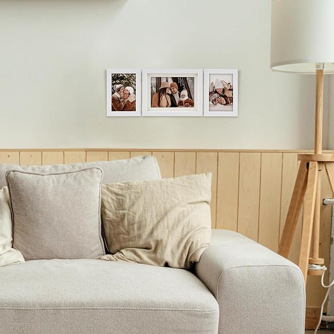 Hinged Tri-Fold 4x6 & 6x8 Picture Frame with Tempered Glass-Tabletop or Wall Mounted Display for Two 4x6 & One 5x7/6x8 Photos (with/without Mat)-Matte White-B467546