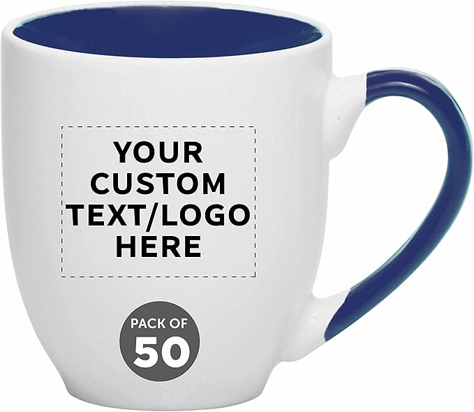 Custom Bistro Style Large Coffee Mugs 16 oz. Set of 50, Personalized Bulk Pack - Perfect for Coffee, Tea, Espresso, Hot Cocoa, Other Beverages - Cobalt Blue