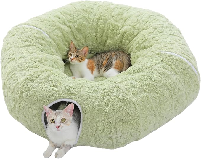 PEQULTI Green Donut Cat Tunnel Bed Washable Plush Mat for Multi Small Pets | Round play tube with soft detachable plush mat, multi-pet toy fit indoor cats, kittens, puppies, rabbits and ferrets