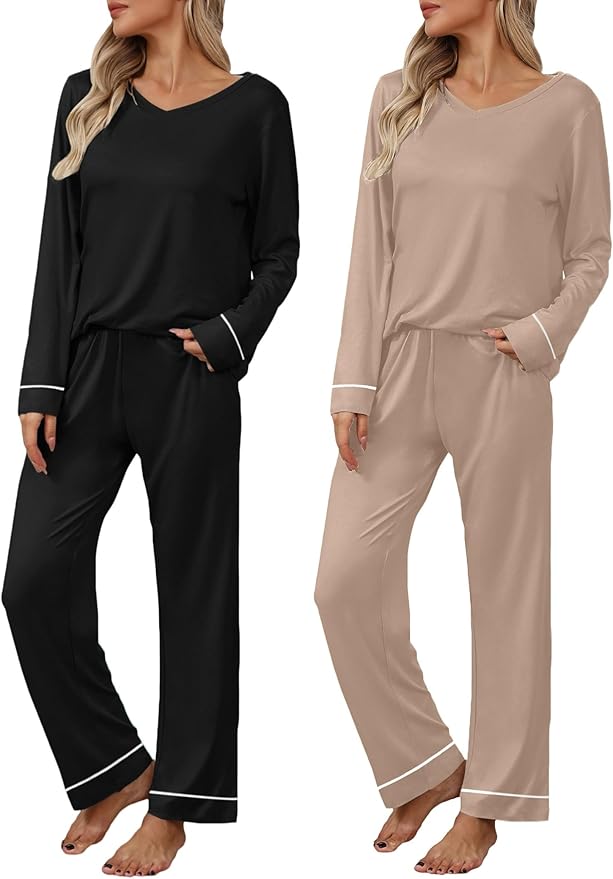 Ekouaer Womens 2 Pack Pajama Set Long Sleeve Pajamas Top and Pants V Neck Pjs Set Soft Loungewear with Pockets