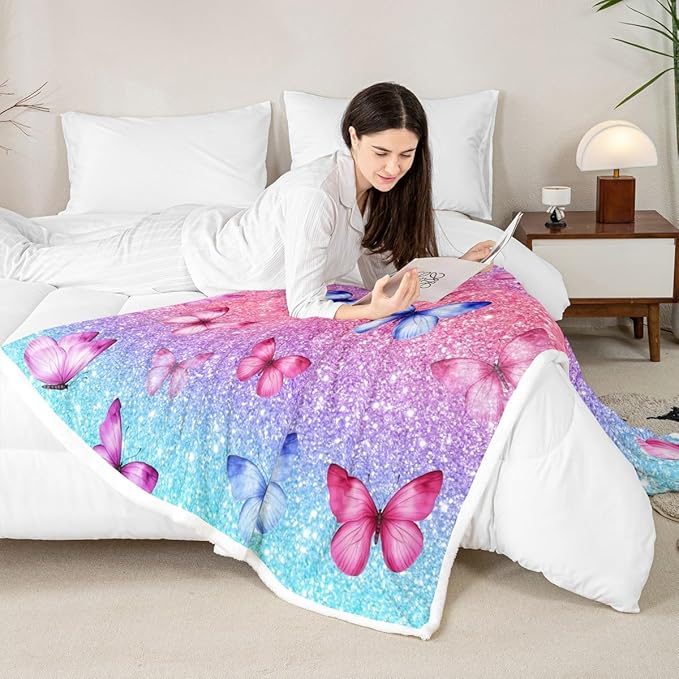 Feelyou Girls Glitter Print Fleece Throw Blanket Baby 30"x40" Kids Blue Pink Butterfly Sherpa Blanket Plush Fuzzy for Bed Couch Chair Living Room, Dreamy Girly Bed Blanket Princess Style Room Decor