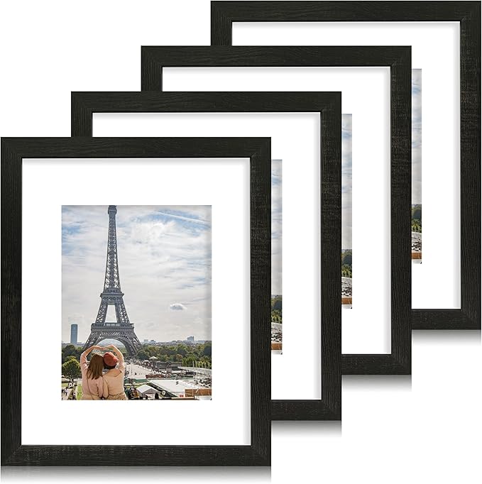 11x14 Picture Frame Set of 4, Made of Real Glass and Rustic Black Wooden Frame, Display 8x10 Pictures with Mat or 11 x 14 Posters without Mat for Wall Mounting, Gallery Photo Frames