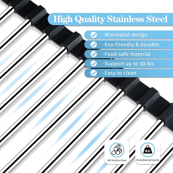 Seropy Roll Up Dish Drying Rack Over The Sink Drying Rack for Kitchen Counter, Rolling Dish Rack Over Sink Mat, Foldable Dish Drainer Stainless Steel Rack Kitchen Organization Gadgets 17.5"x11.8"