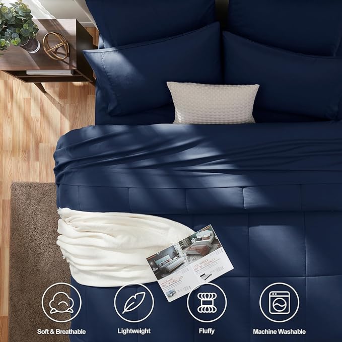 CozyLux Oversized Queen Comforter Sets Navy Blue, 7 Pieces Bed in a Bag, Ultra-Soft All Season Bedding Sets with Stitch Quilted Comforter, Flat Sheet, Fitted Sheet, Pillowcases, Navy Blue