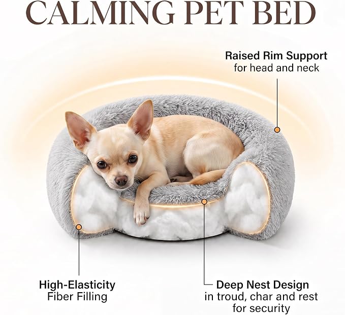 Tiny Dog Bed for Extra Small Dogs for Chihuahua Pomeranian Toy Poodle | 15 Inch Washable Puppy Bed,Soft Faux Fur Calming Donut Bed,Grey