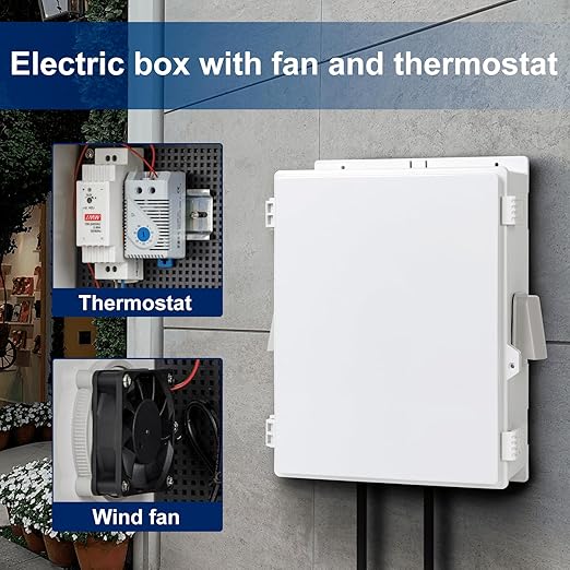 Outdoor Electrical Box with Thermostat and Fan, ABS Water Resistant Enclosure with Internal Mounting Panel & Hinged Cover,16" H* 12" L* 5.9" W Plug & Play.
