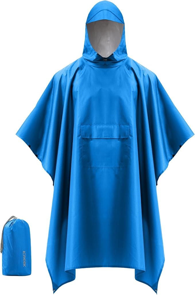 iCreek Hooded Rain Poncho Packable Unisex Raincoat Jacket with Pocket Waterproof Lightweight for Hiking, Camping, Outdoor