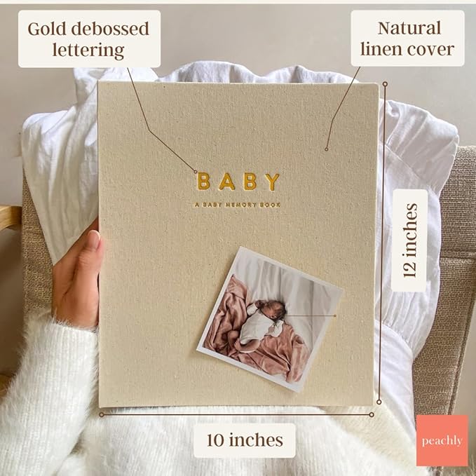 Peachly Unisex Baby Memory Book – Minimalist Baby First Year Keepsake for Milestones, Aesthetic Modern Scandi Baby Book – Gender Neutral, Linen Scrapbook (Charlie)