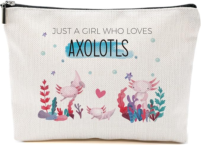Blue Leaves Axolotl Makeup Bag Cosmetic Bag | Portable Travel Organizer Toiletry Cosmetic Pouch with Zipper, Gifts for Women, Just A Girl Who Loves Axolotls