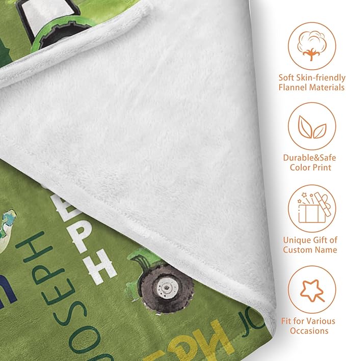 Personalized Tractors Blanket - Custom Name with Farm Tractor Trucks Design - Soft Plush Flannel Bed Blanket for Baby Kid Teen Boys Girls Customized Gifts Olive Green