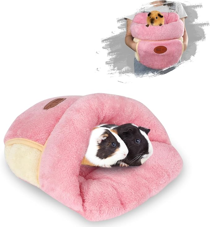 YUEPET Guinea Pig Bed, Warm Fleece Slipper Cuddle Cave, Pink | Cozy Guinea Pig House, Portable Guinea Pig Hideout, Thick Coral Fleece, Washable Cushion, Folds Flat for Storage