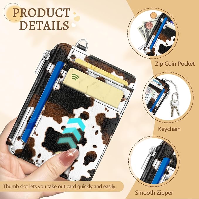 Kelvoris Credit Card Holder Small Wallet Women, Slim RFID, Cow Print | Keychain, Zipper Coin Pocket, Front Pocket Thin Travel Card Case, Minimalist, 6 Card Slots, 1 ID Window, Ladies Gifts Woman