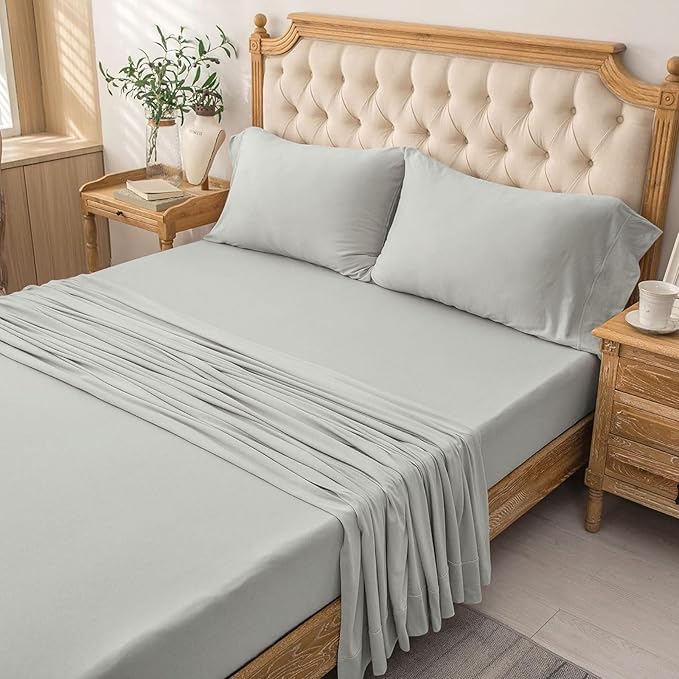 PURE ERA Jersey Knit 4pc Bed Sheet Set 100% T-Shirt Cotton Super Soft Comfy Breathable Fits Mattress Up to 20" Extra Deep Pocket (Solid Light Grey, Queen)