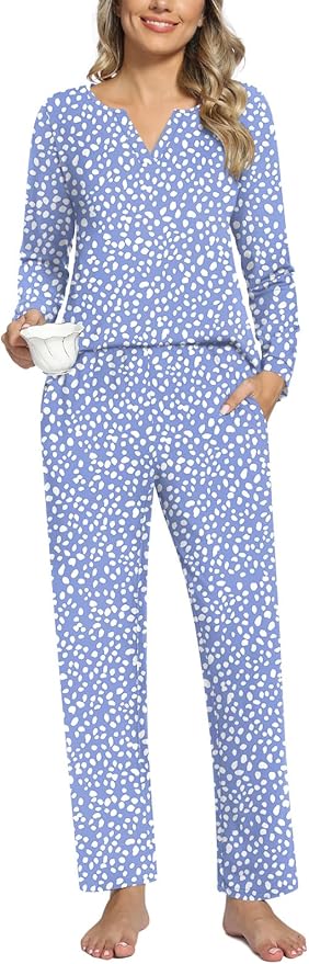 Anyally Women's Plus Size Pajama Sets Ladies Fall Pjs 2 Pieces Lounge Outfits V Neck Long Sleeves Sleepwear with Pockets